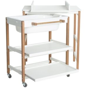 Bílý přebalovací pult s vaničkou Quax Smart s bukovou podnoží 82 x 91 cm