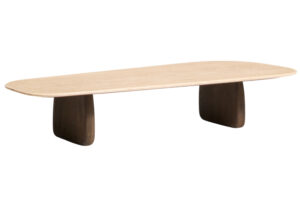 Kave Home Béžový travertinový konferenční stolek Pirita 147 x 65 cm s tmavou podnoží